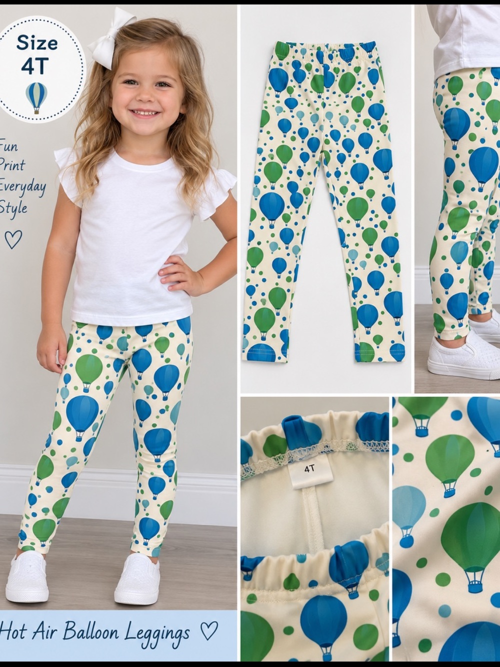 Kids Hot Air Balloon Leggings Pants Size 4T Blue Green Pull On Elastic Waist